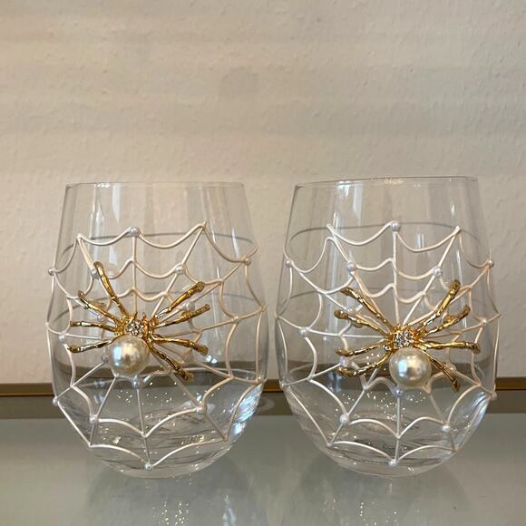 Gorgeous Halloween Jeweled Spider on Web w/ Pearl Stemless Wine Glass Set of 2 - Picture 2 of 15